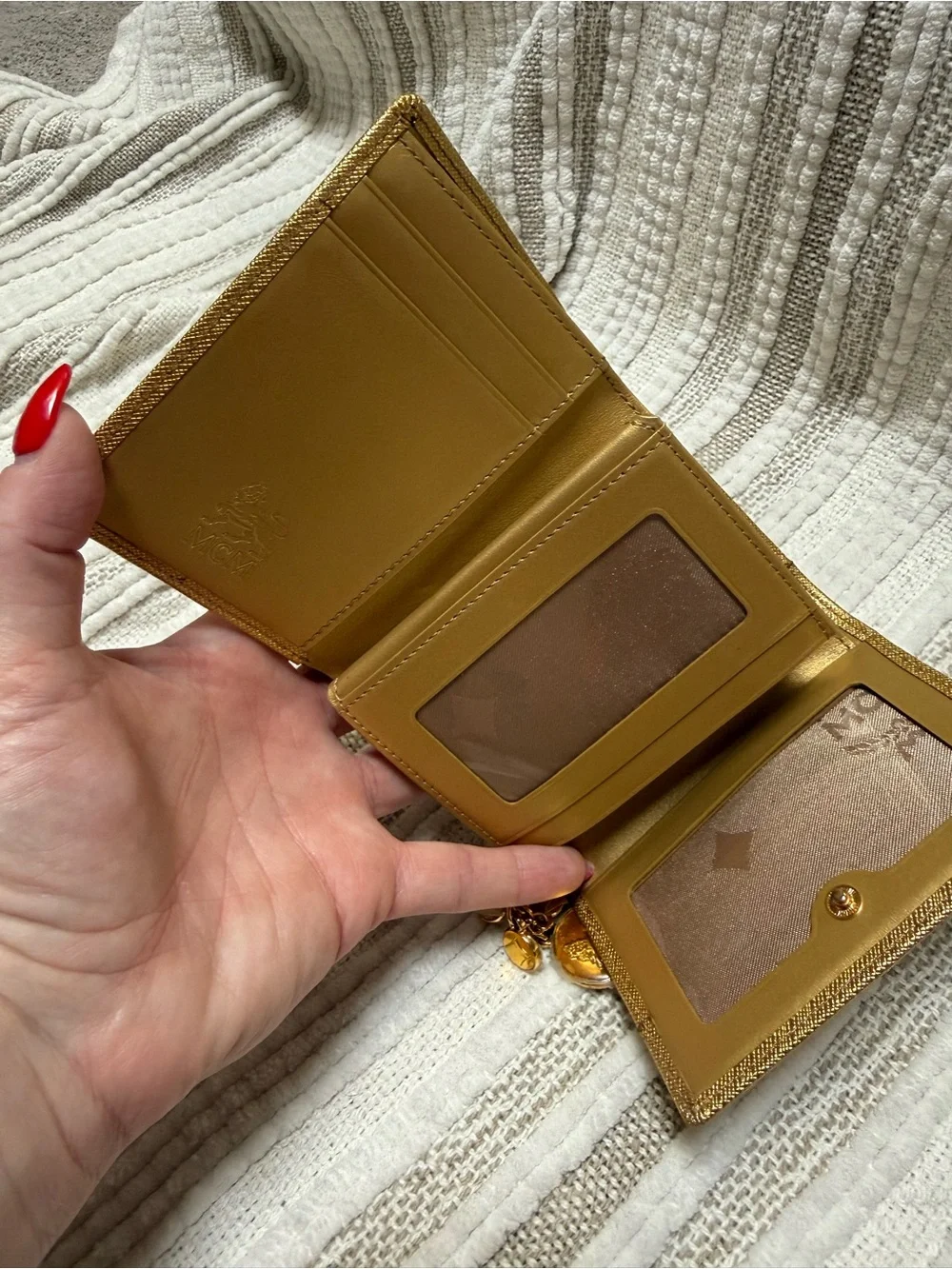 MCM Metallic Gold Saffiano Leather Compact Wallet with Charm